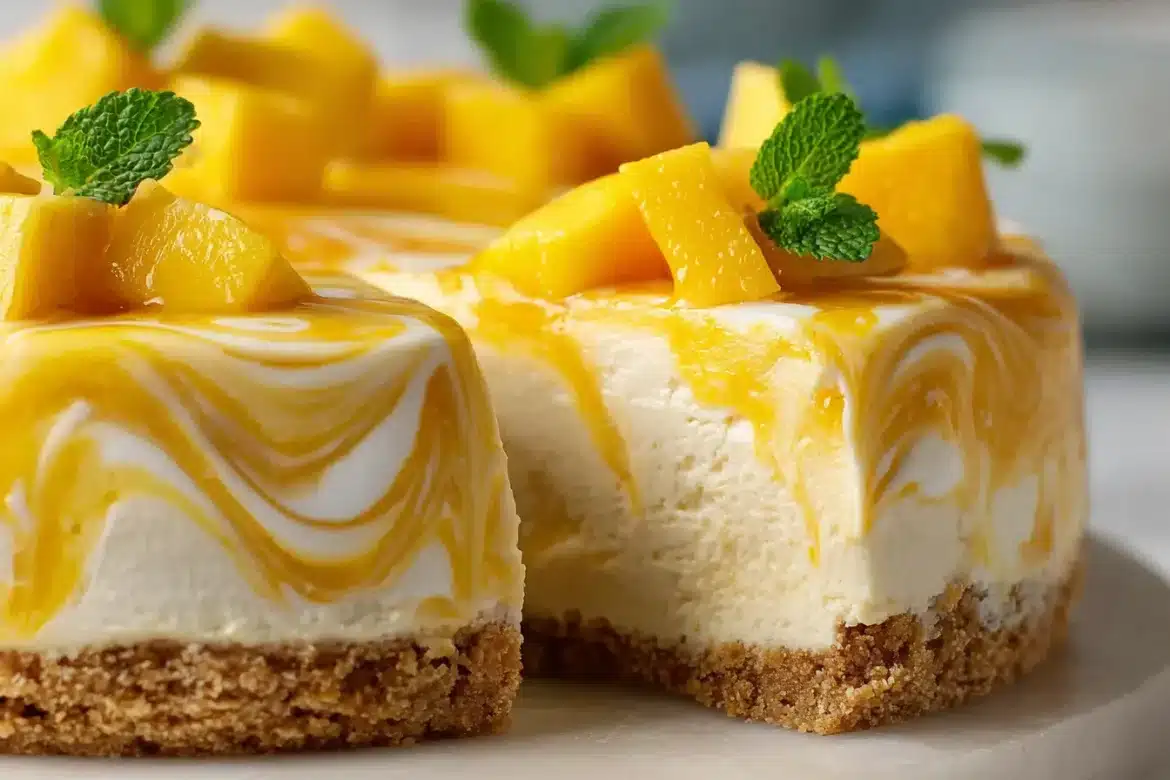 Mango ice cream cheesecake with crumbly crust, creamy layers, and fresh mango garnish, sliced to reveal the texture.