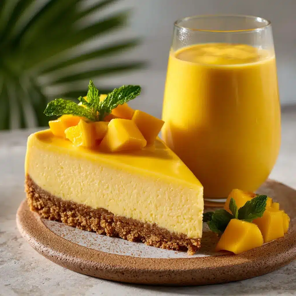 Slice of mango ice cream cheesecake with a mango smoothie on the side.