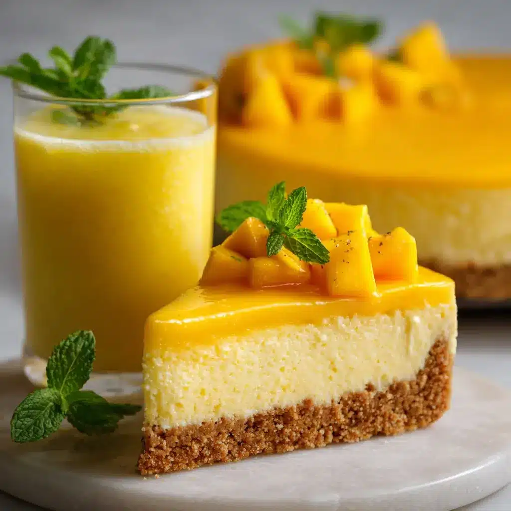 Mango ice cream cheesecake topped with mango cubes and sauce, styled for Pinterest.
