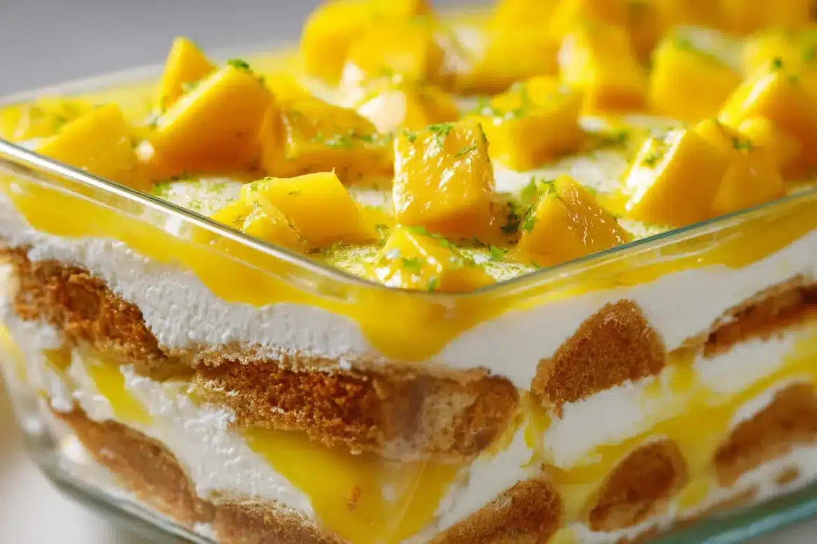 Close-up of mango tiramisu in a clear dish, showing creamy mascarpone, mango puree, ladyfingers, and fresh mango chunks.