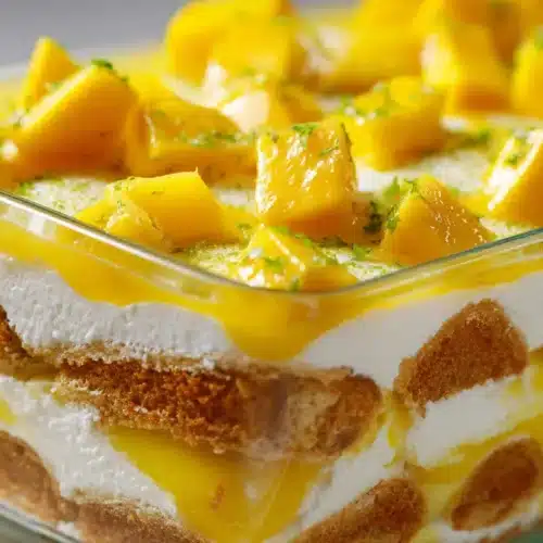 Close-up of mango tiramisu in a clear dish, showing creamy mascarpone, mango puree, ladyfingers, and fresh mango chunks.