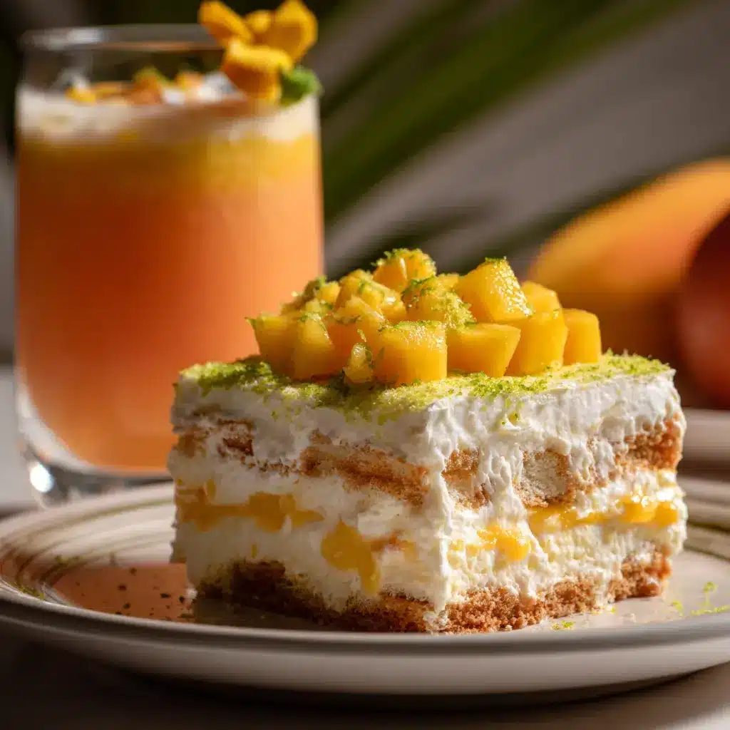 Serving a square of mango tiramisu with creamy layers and fresh mango on top.