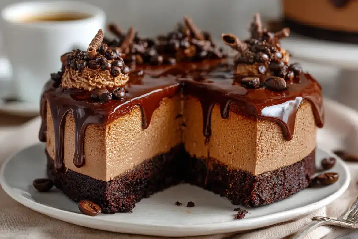 Close-up of mocha mousse cake with glossy ganache and fluffy mousse layer, topped with chocolate curls and espresso beans.