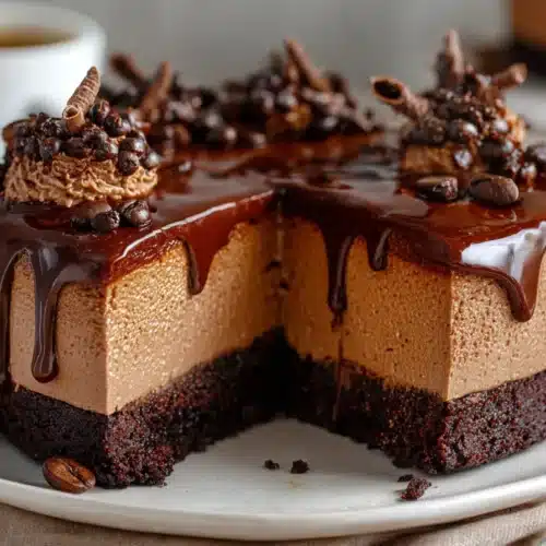 Close-up of mocha mousse cake with glossy ganache and fluffy mousse layer, topped with chocolate curls and espresso beans.