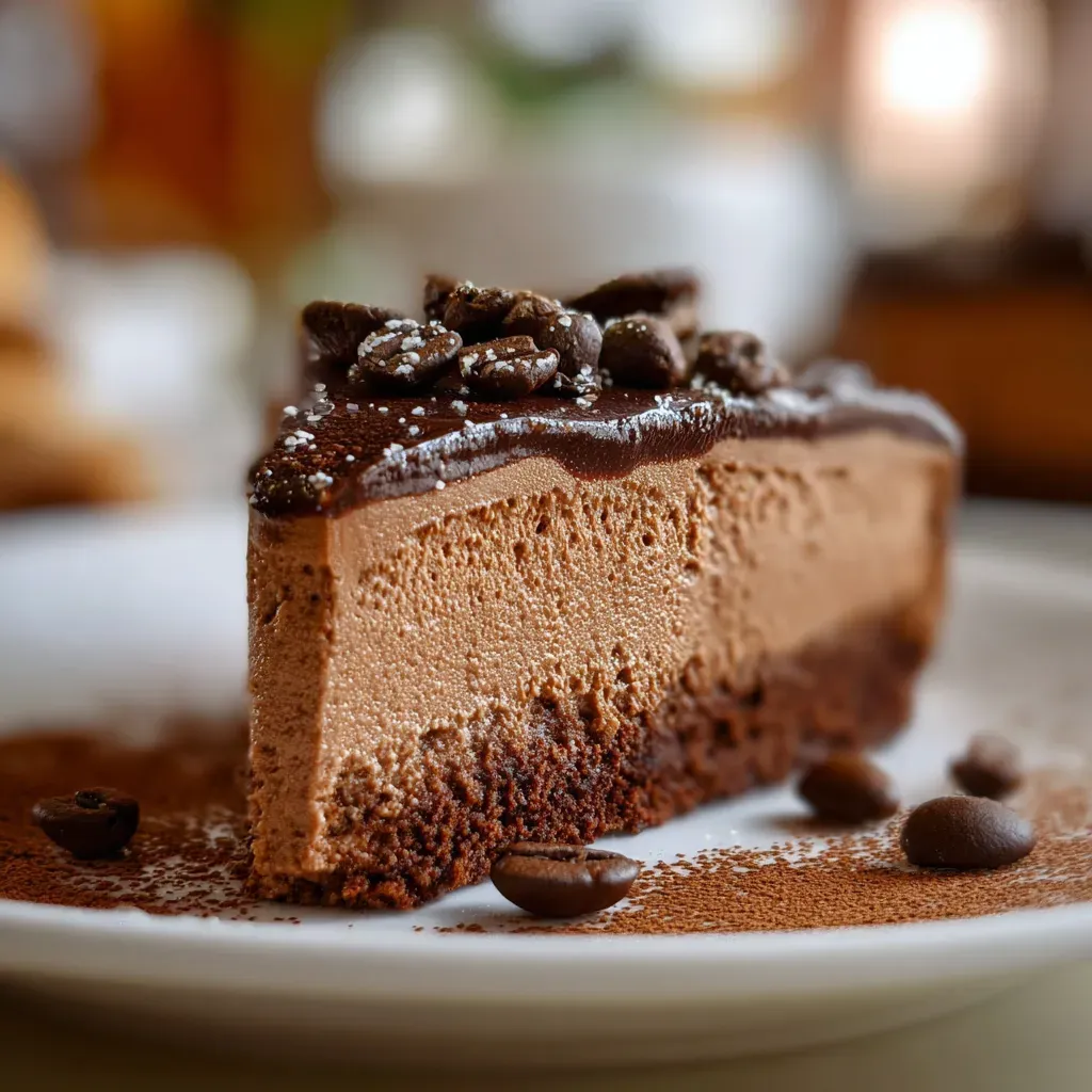 Slice of mocha mousse cake served on a plate with coffee beans and cocoa powder dusting.