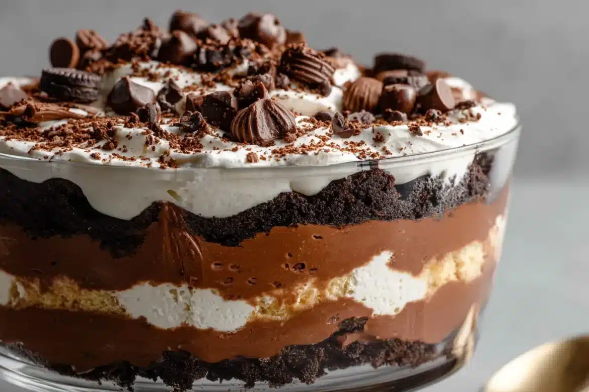 A close-up shot of no bake chocolate lasagna trifle in a glass bowl, showing distinct creamy, chocolatey layers and a topping of chocolate curls