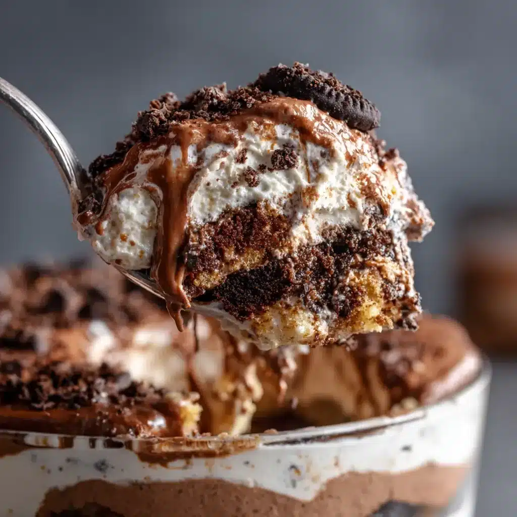 Spoonful of no bake chocolate lasagna trifle showing all distinct layers.