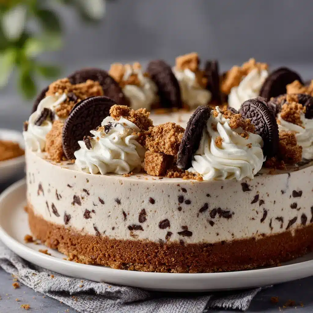No bake cookies and cream mousse cake garnished with whipped cream and cookie pieces.