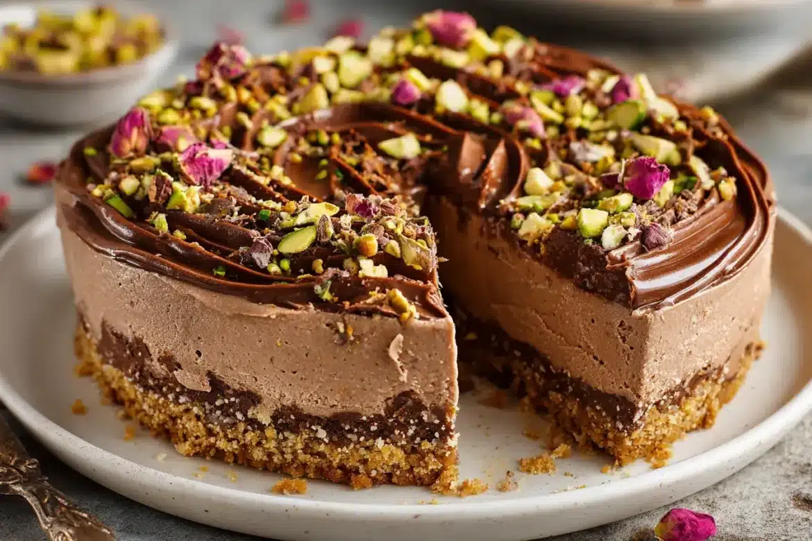 A decadent no bake Dubai chocolate cheesecake sliced to reveal a creamy chocolate filling, topped with pistachios and rose petals on a white plate.