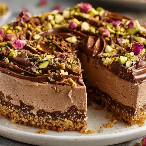 A decadent no bake Dubai chocolate cheesecake sliced to reveal a creamy chocolate filling, topped with pistachios and rose petals on a white plate.