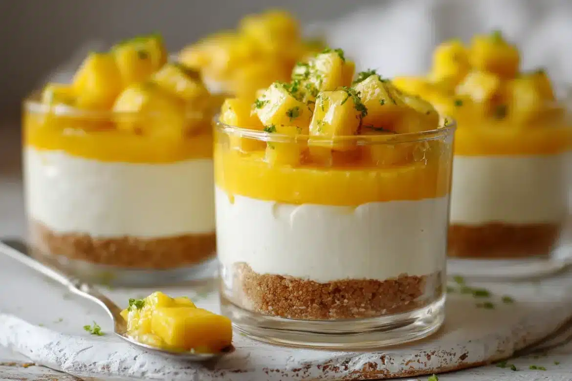 A close-up of no bake mango cheesecake cups in glass jars, showing layered crumb base, creamy cheesecake, and glossy mango puree.