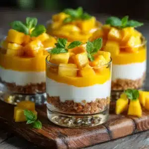 No bake mango cheesecake cup served with fresh mango, lime zest, and mint.