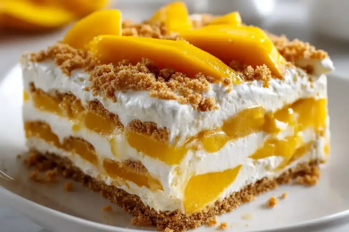A close-up of no-bake mango float sliced open, revealing creamy layers of mango, whipped cream, and graham crackers, styled on a white plate.
