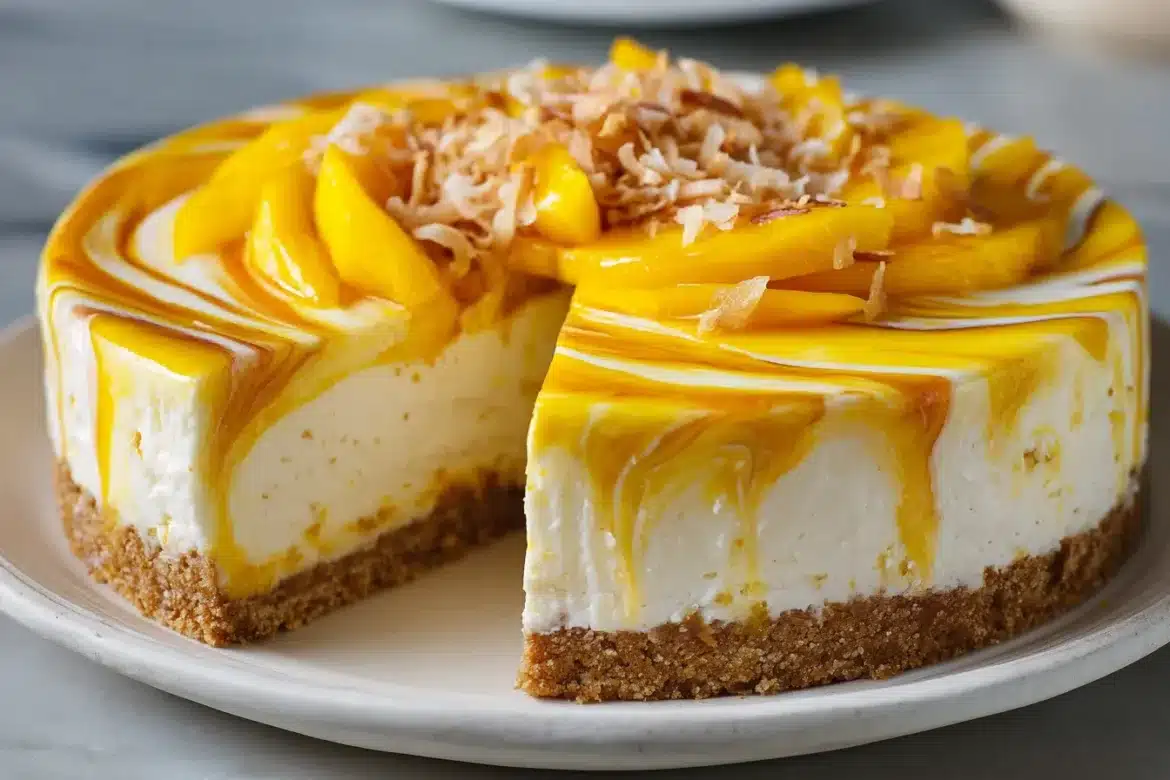 No bake mango ice cream cheesecake with a cookie crust, creamy mango layer, and fresh mango topping, close-up on a white plate.