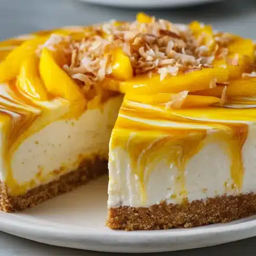No bake mango ice cream cheesecake with a cookie crust, creamy mango layer, and fresh mango topping, close-up on a white plate.