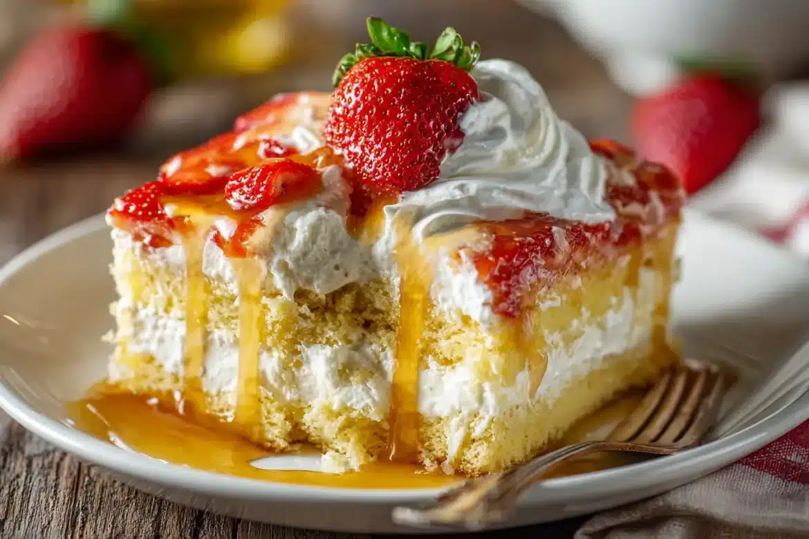 Close-up of no bake tres leches cake with creamy soaked layers, whipped cream topping, and fresh fruit garnish on a white plate.