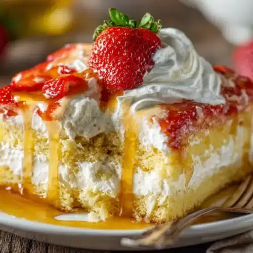 Close-up of no bake tres leches cake with creamy soaked layers, whipped cream topping, and fresh fruit garnish on a white plate.