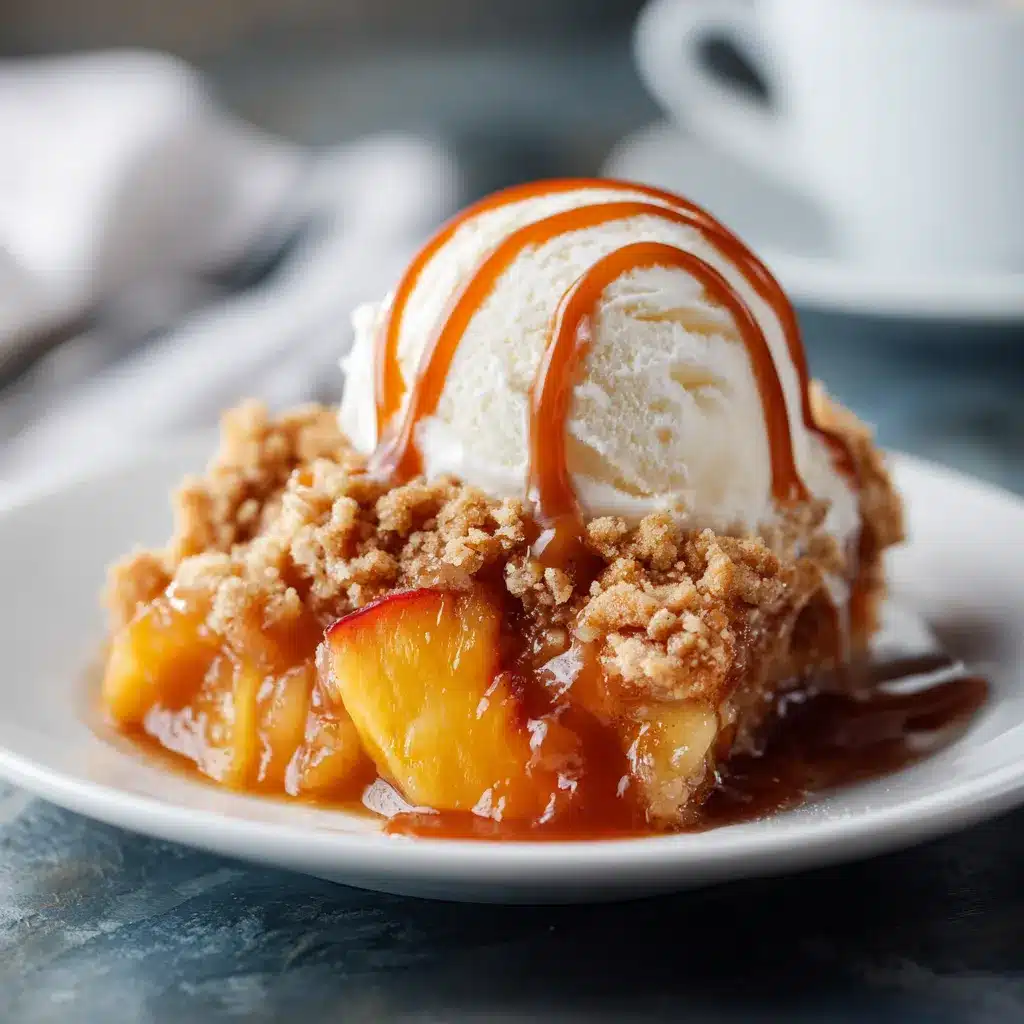 Peach crumble in a cast iron skillet with bubbling filling and golden topping.