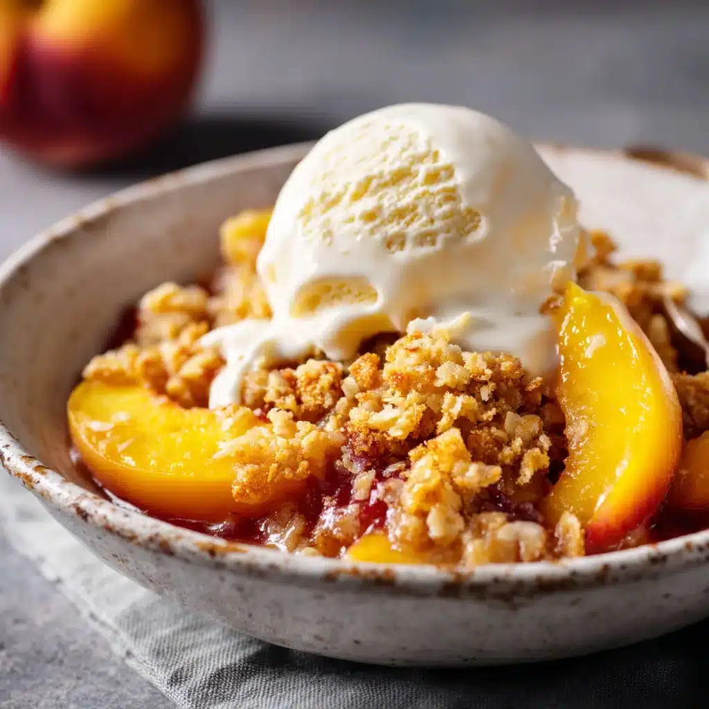 Warm peach crumble in a bowl with vanilla ice cream and peach slices.