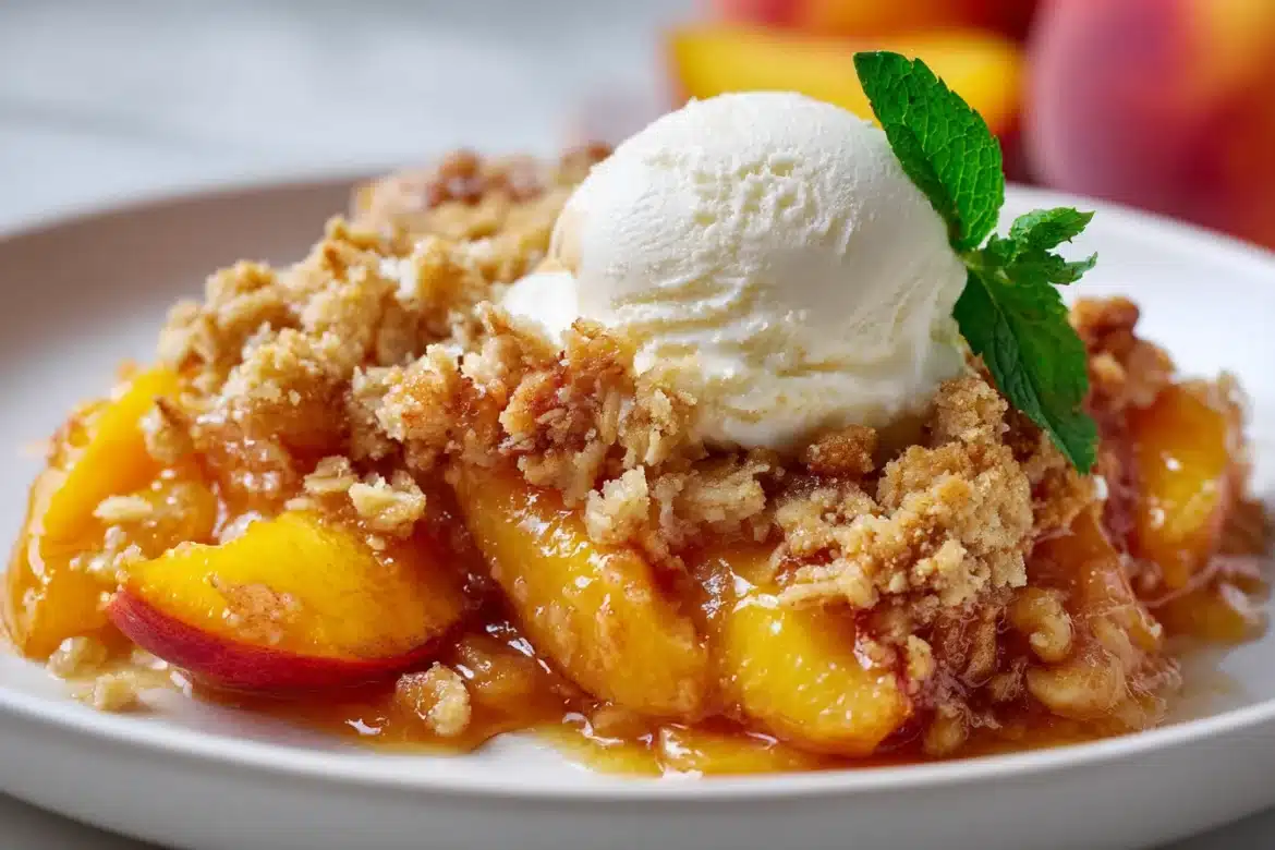 Close-up of homemade peach crumble in a rustic dish, topped with golden brown crumble and vanilla ice cream.