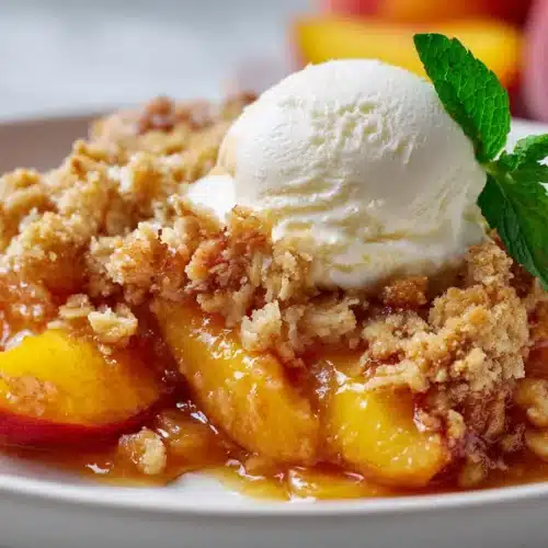 Close-up of homemade peach crumble in a rustic dish, topped with golden brown crumble and vanilla ice cream.