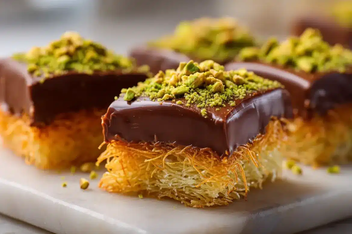 Stacked squares of pistachio kataifi chocolate bar with pistachios scattered on a plate.