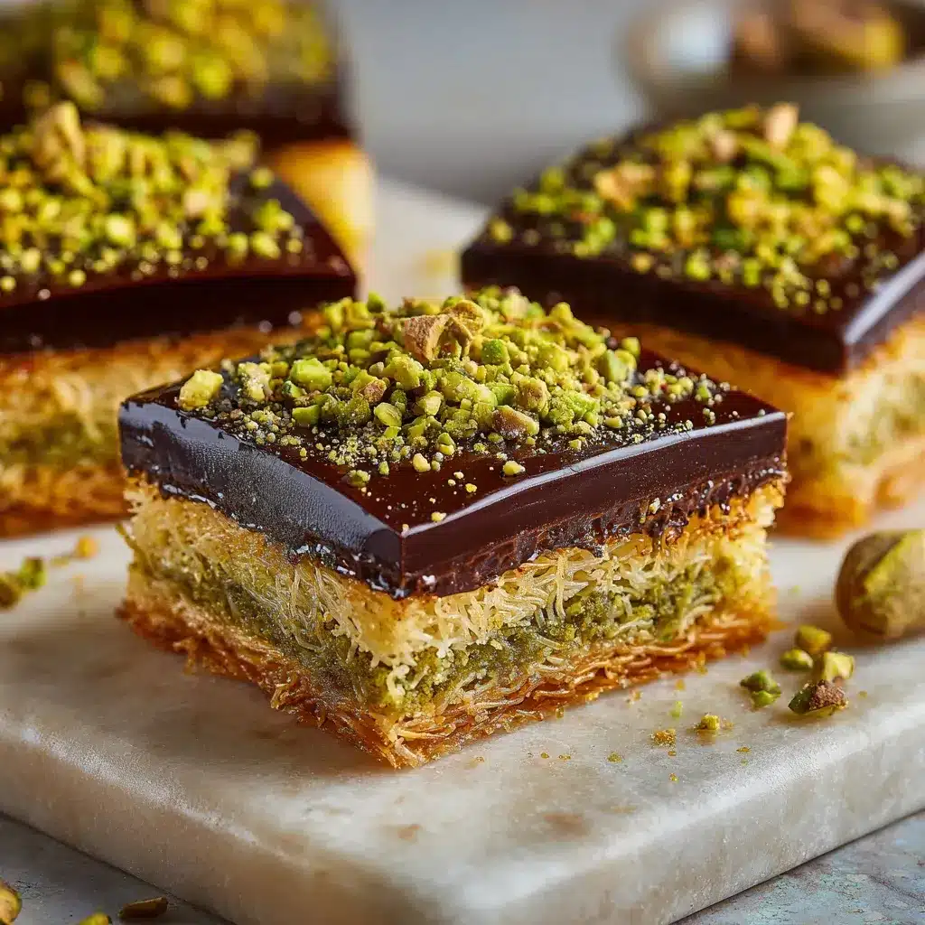 Close-up of pistachio kataifi chocolate bar sliced to reveal golden crispy pastry, dark chocolate, and roasted pistachios.