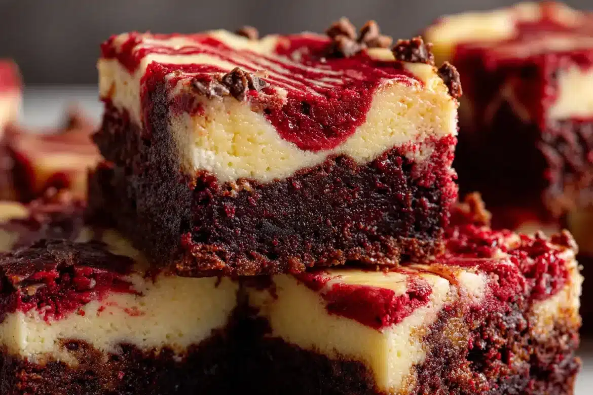 Close-up of red velvet cheesecake brownies with marbled cheesecake swirls and a fudgy, rich texture, styled on a white plate.