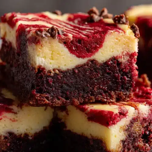 Close-up of red velvet cheesecake brownies with marbled cheesecake swirls and a fudgy, rich texture, styled on a white plate.