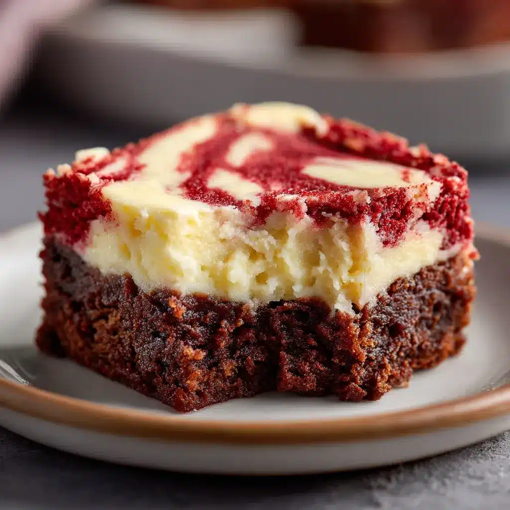 A bitten red velvet cheesecake brownie showing creamy layers and fudgy center.