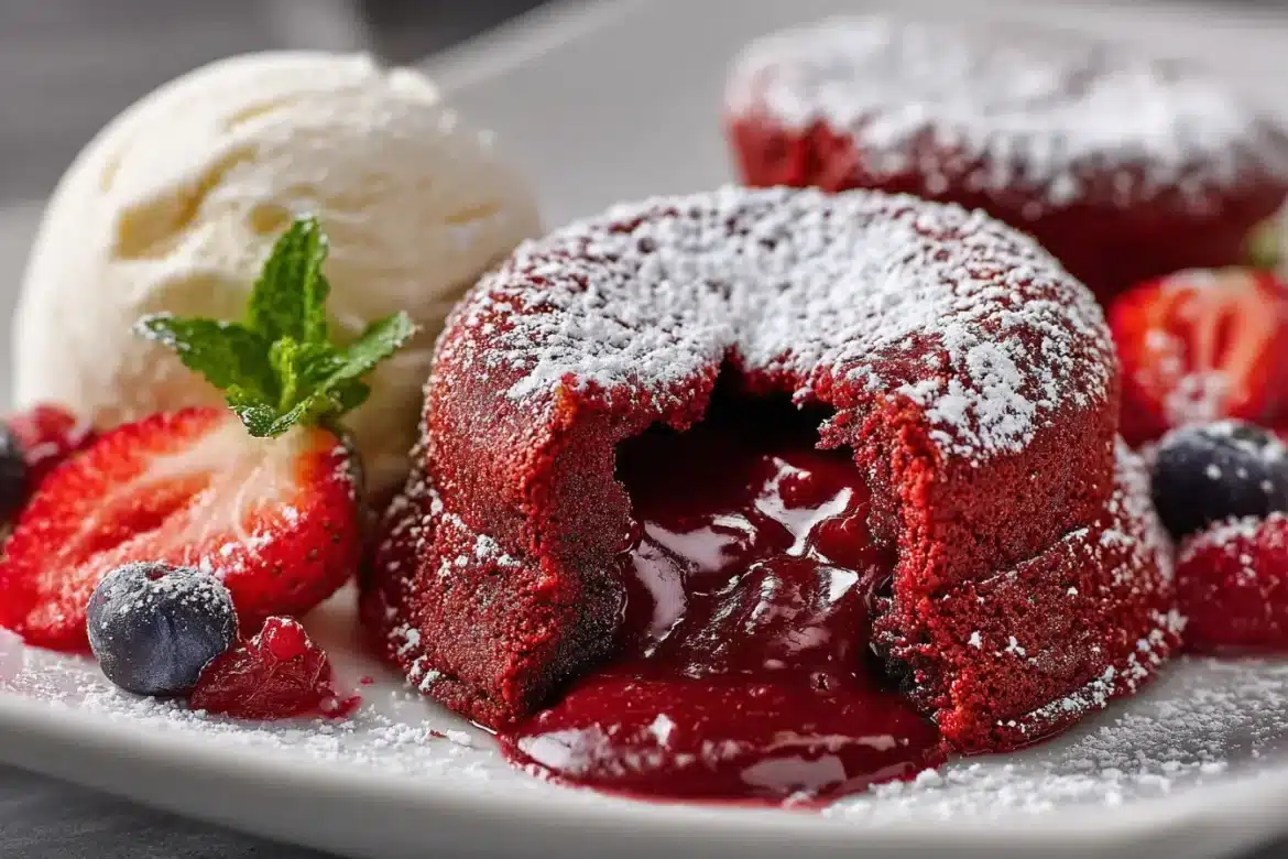Red velvet molten lava cake cut open, showing rich chocolate lava center and dusted with powdered sugar on a white plate.