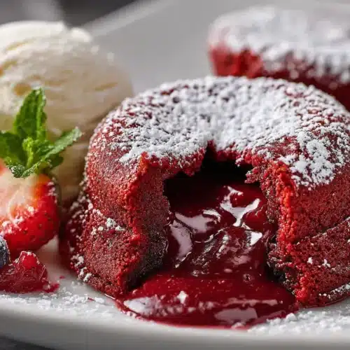 Red velvet molten lava cake cut open, showing rich chocolate lava center and dusted with powdered sugar on a white plate.