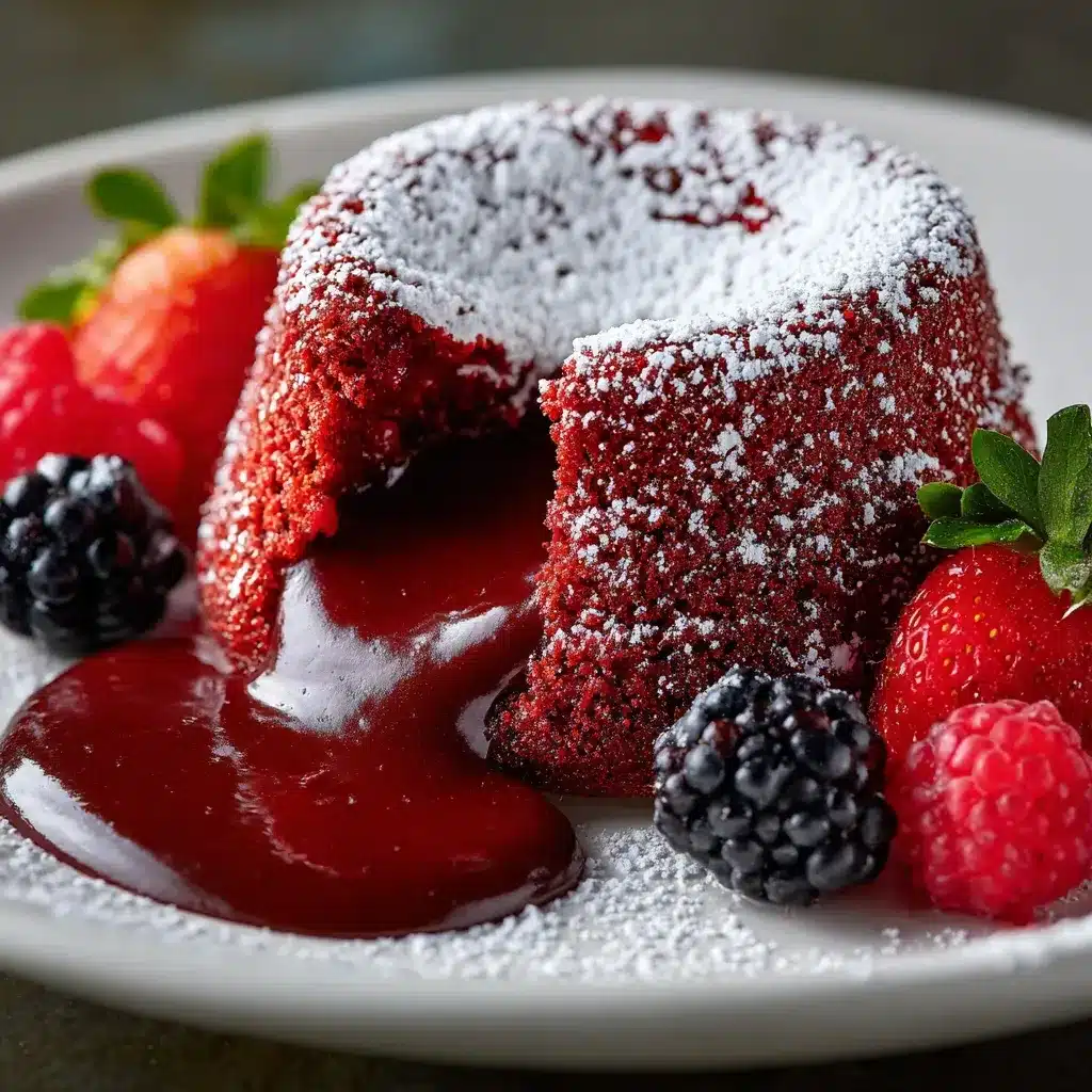 Red velvet molten lava cake being served, chocolate lava oozing out with ice cream on the side.