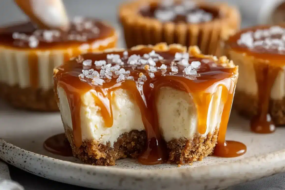 Close-up of salted caramel cheesecake cups with caramel sauce and sea salt flakes, one cup cut open to show creamy filling.