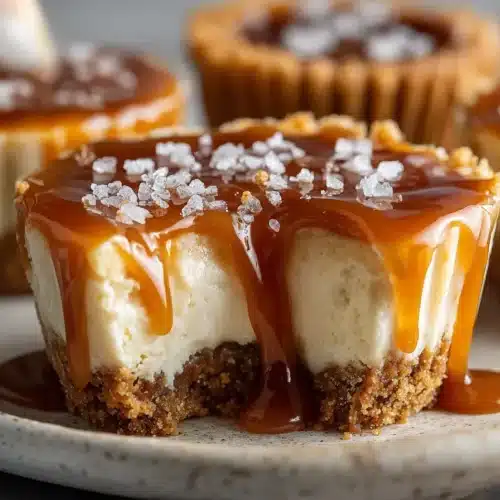 Close-up of salted caramel cheesecake cups with caramel sauce and sea salt flakes, one cup cut open to show creamy filling.