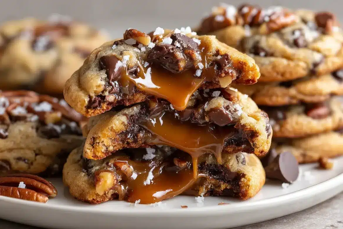 Very close-up of salted caramel pecan chocolate chip cookies with oozing caramel and melty chocolate, topped with toasted pecans and sea salt, stacked on a white plate.