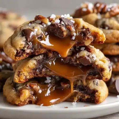 Very close-up of salted caramel pecan chocolate chip cookies with oozing caramel and melty chocolate, topped with toasted pecans and sea salt, stacked on a white plate.