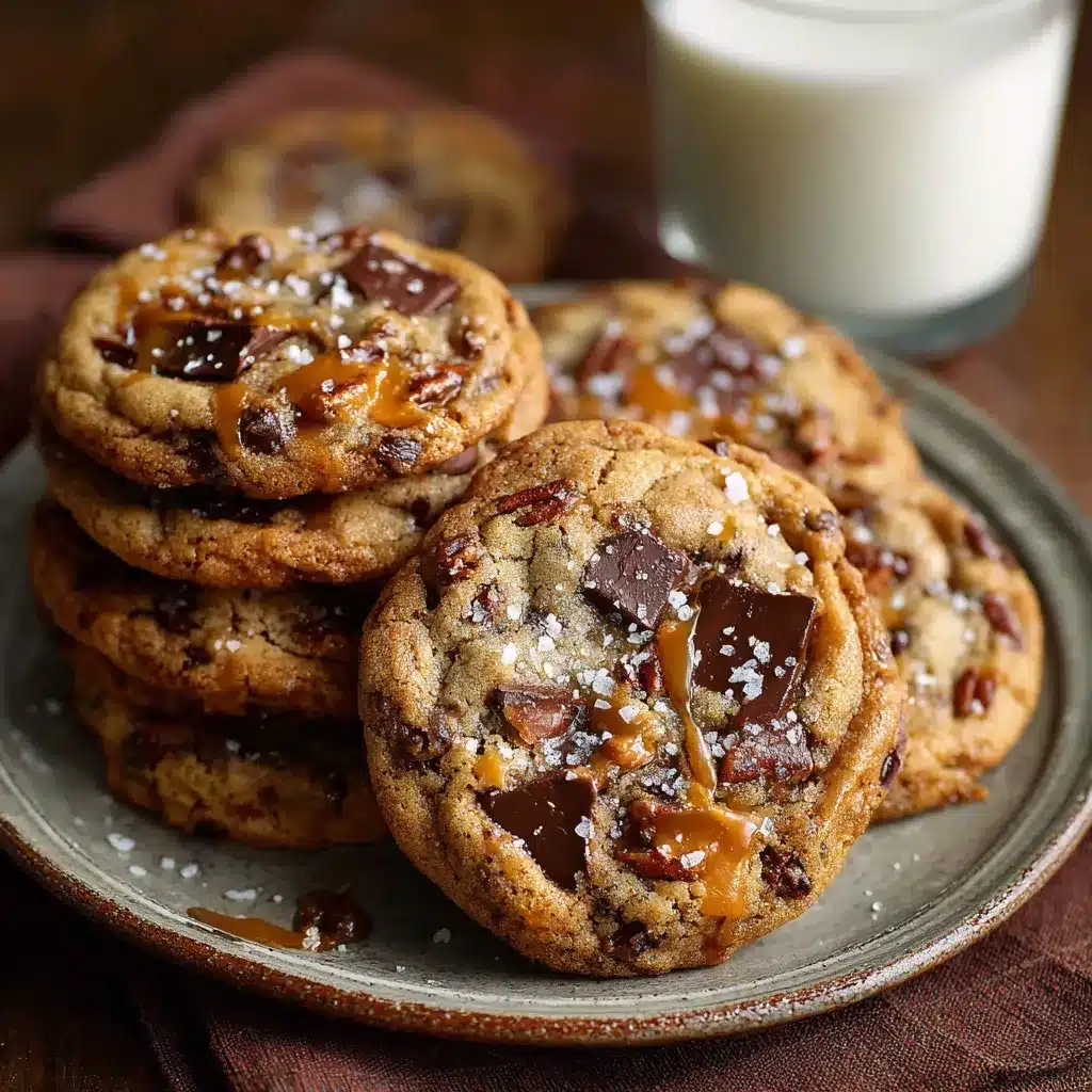 Stack of salted caramel pecan chocolate chip cookies with a glass of milk.