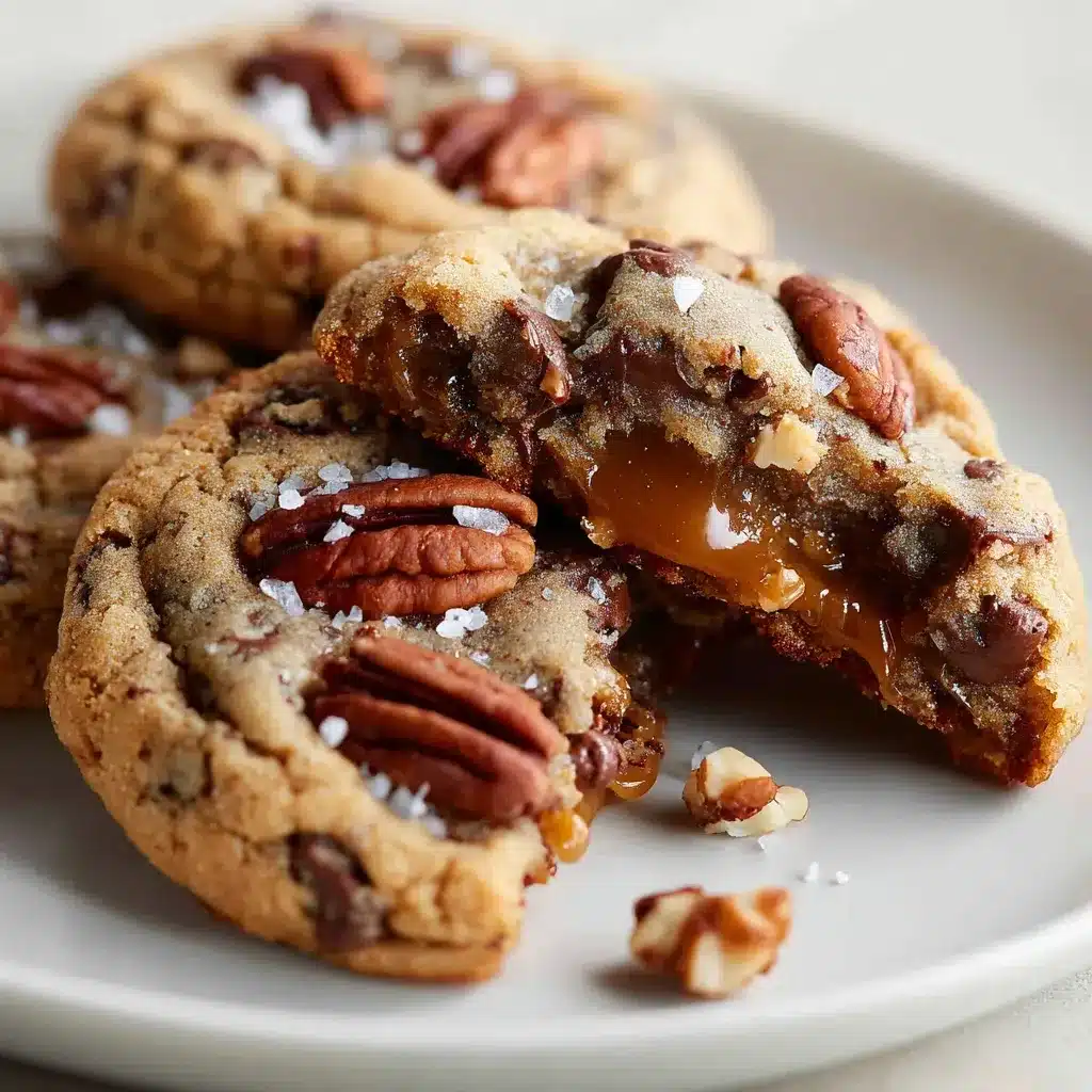Broken salted caramel pecan chocolate chip cookie with gooey caramel center and sea salt
