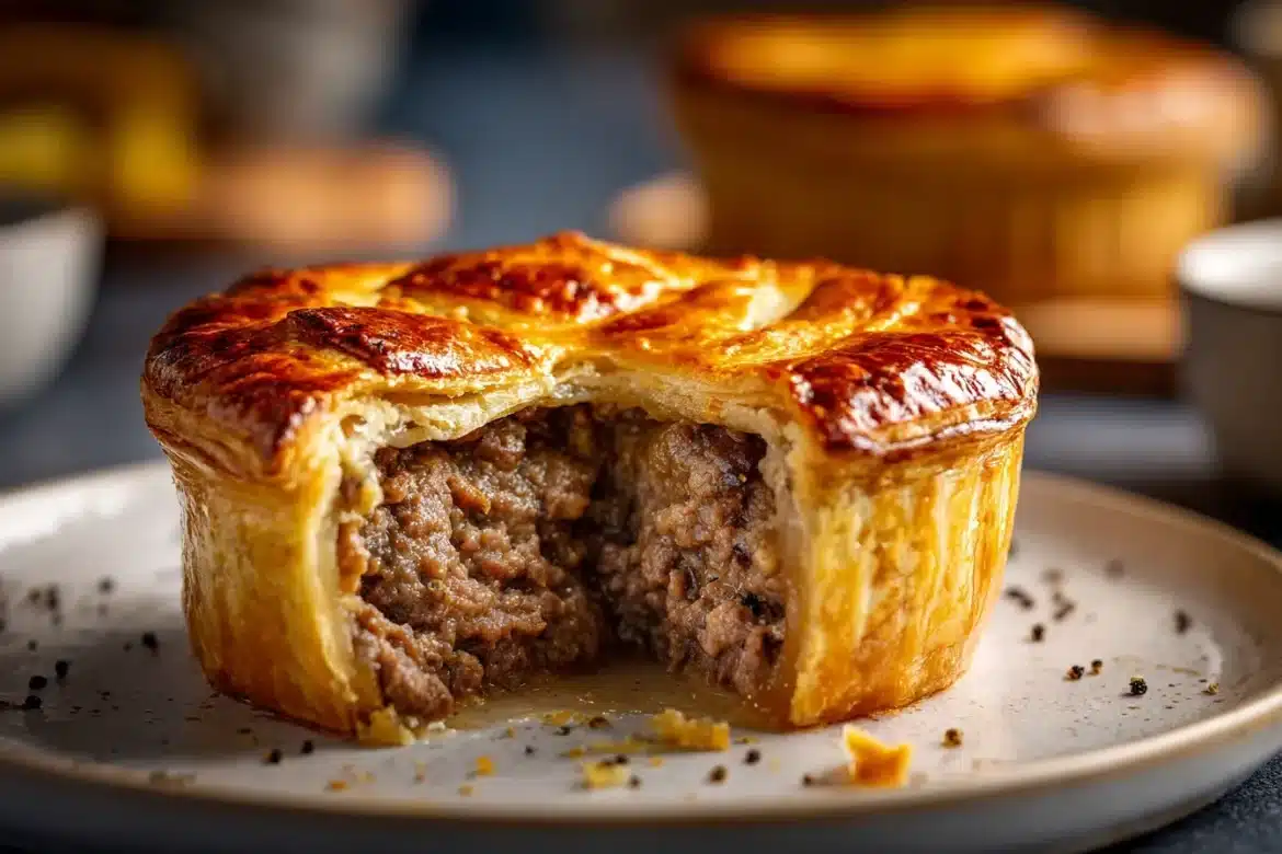 A golden Scotch pie with a flaky hot water crust, cut open to reveal a savory minced lamb filling, on a white plate with rustic crumbs.
