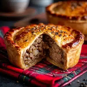 Scotch pie with a flaky golden crust, cut open on a tartan napkin, showing juicy minced filling.