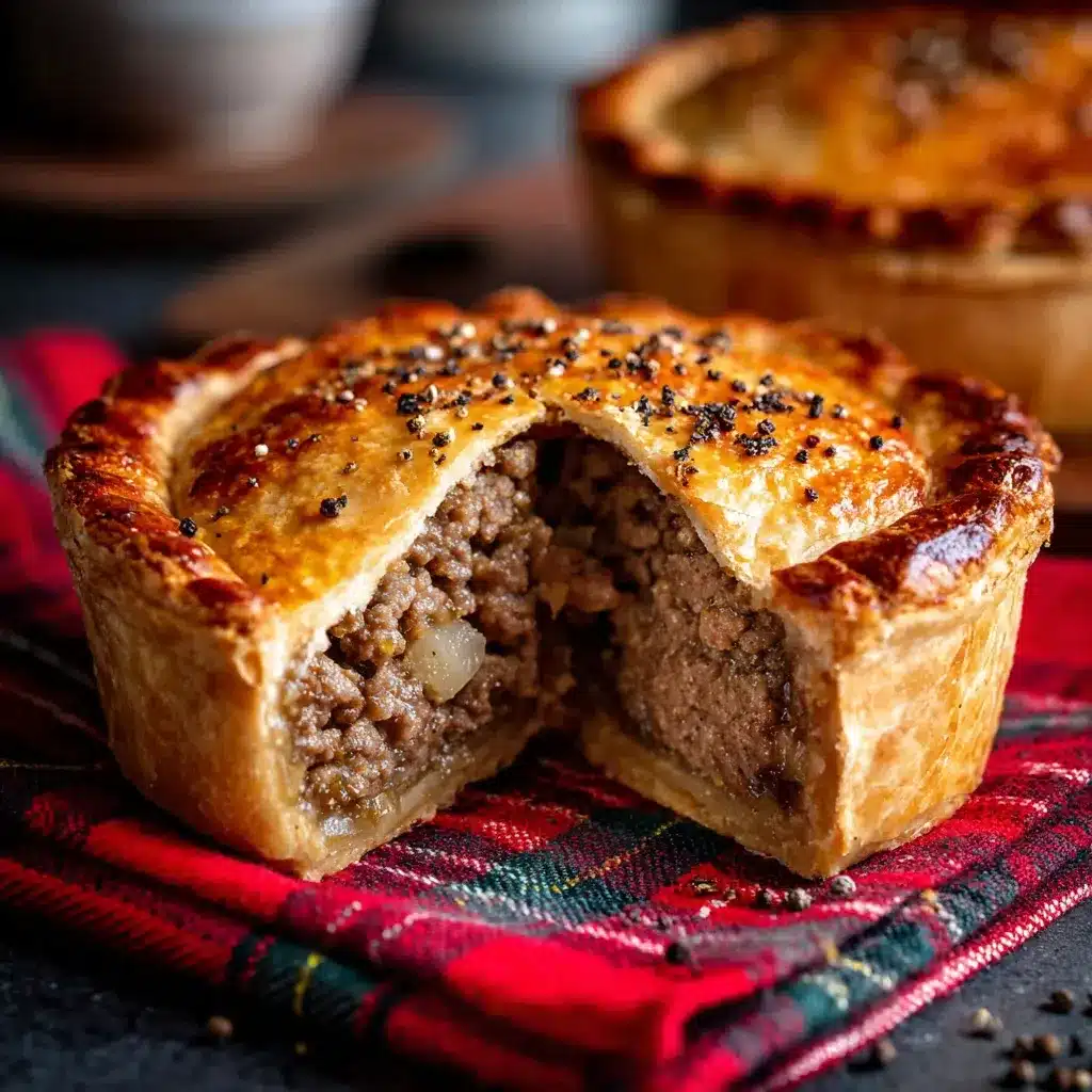 Scotch pie with a flaky golden crust, cut open on a tartan napkin, showing juicy minced filling.