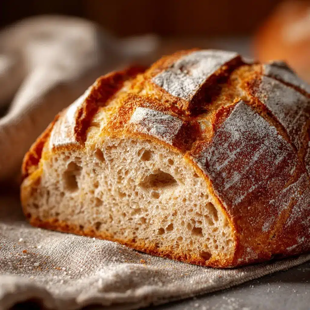 Sliced bolted flour sourdough bread on a board with jam, ready to serve.