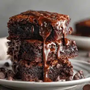 Stack of fudgy brownies with melty chocolate, close-up and inviting.