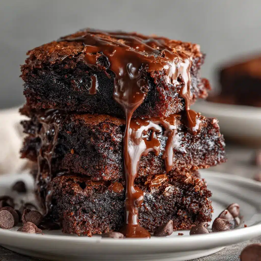 Stack of fudgy brownies with melty chocolate, close-up and inviting.