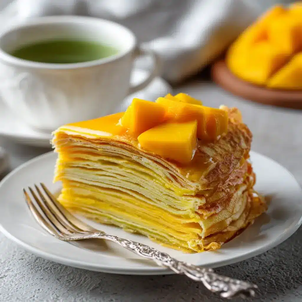 A slice of mango crepe cake on a plate with green tea, showing creamy layers and fresh mango.
