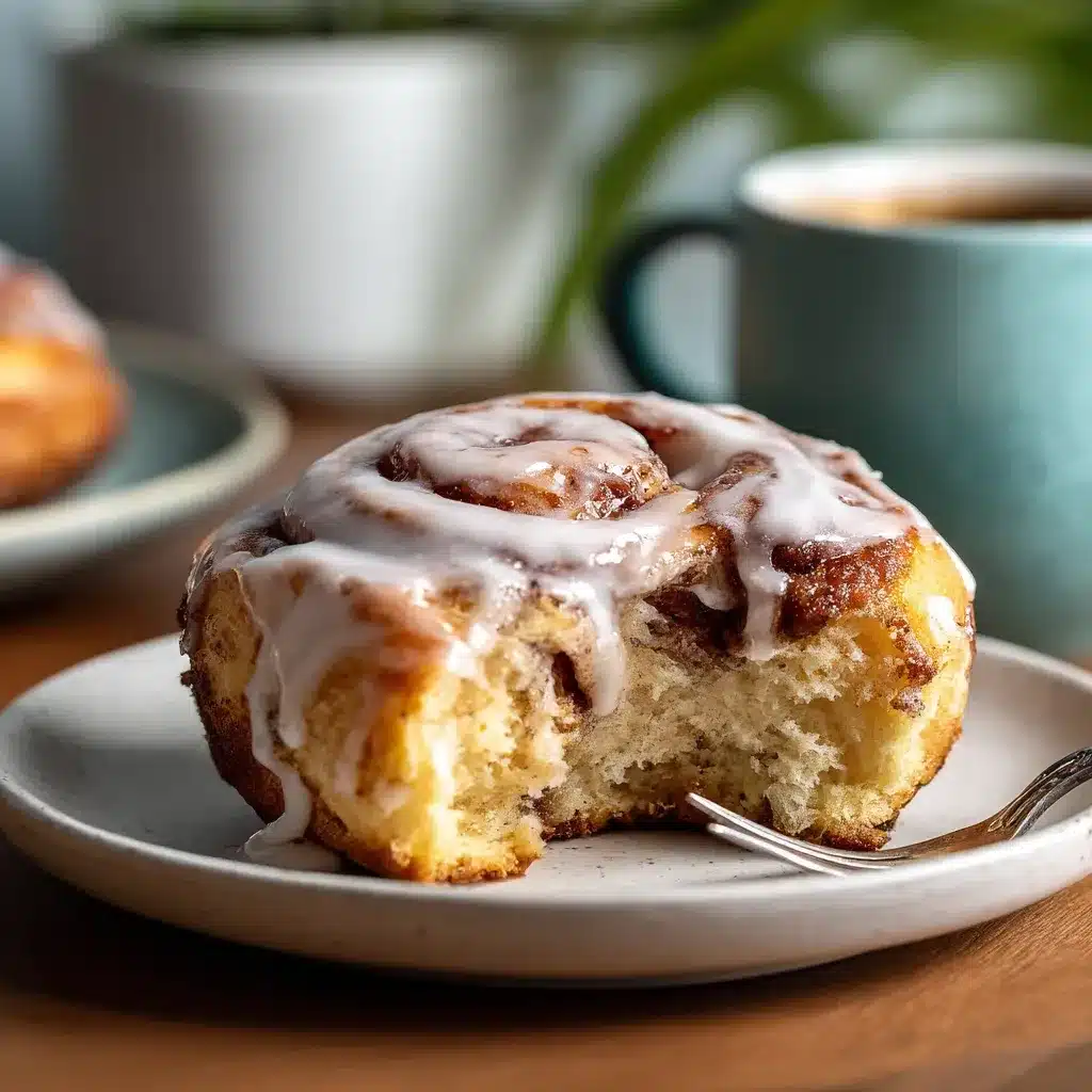 Cinnamon roll being served with gooey filling and melting icing.