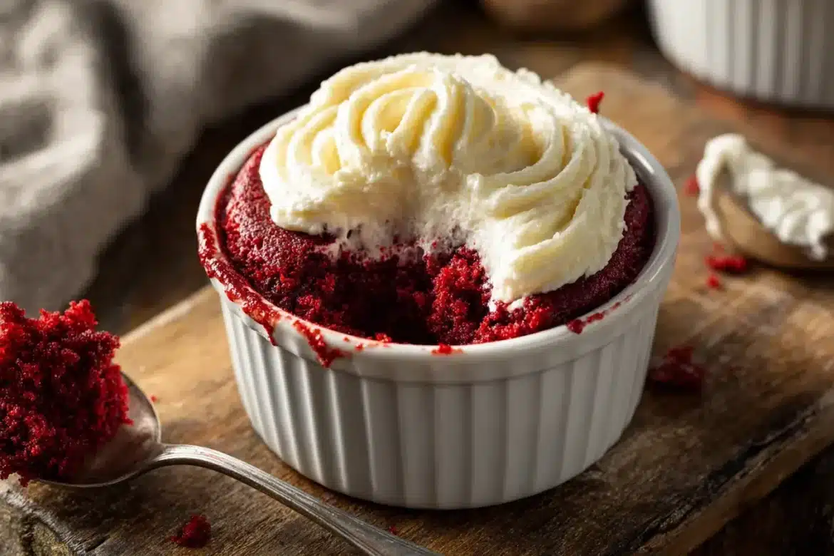 Close-up of a single serve red velvet cake in a ramekin with cream cheese frosting and a spoonful taken out.