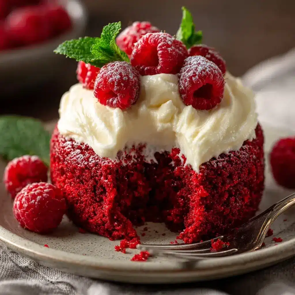 Single serve red velvet cake plated with cream cheese frosting and raspberries.