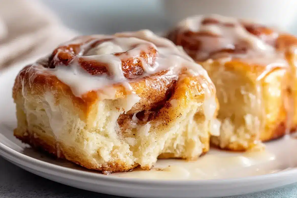 Close-up of soft, fluffy sourdough discard cinnamon rolls with gooey cinnamon sugar swirls and melting cream cheese frosting.